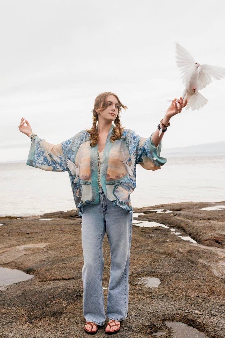 Kimono |Peace Out Cropped |Kimono Pixie Duster with Doves and Sunrise