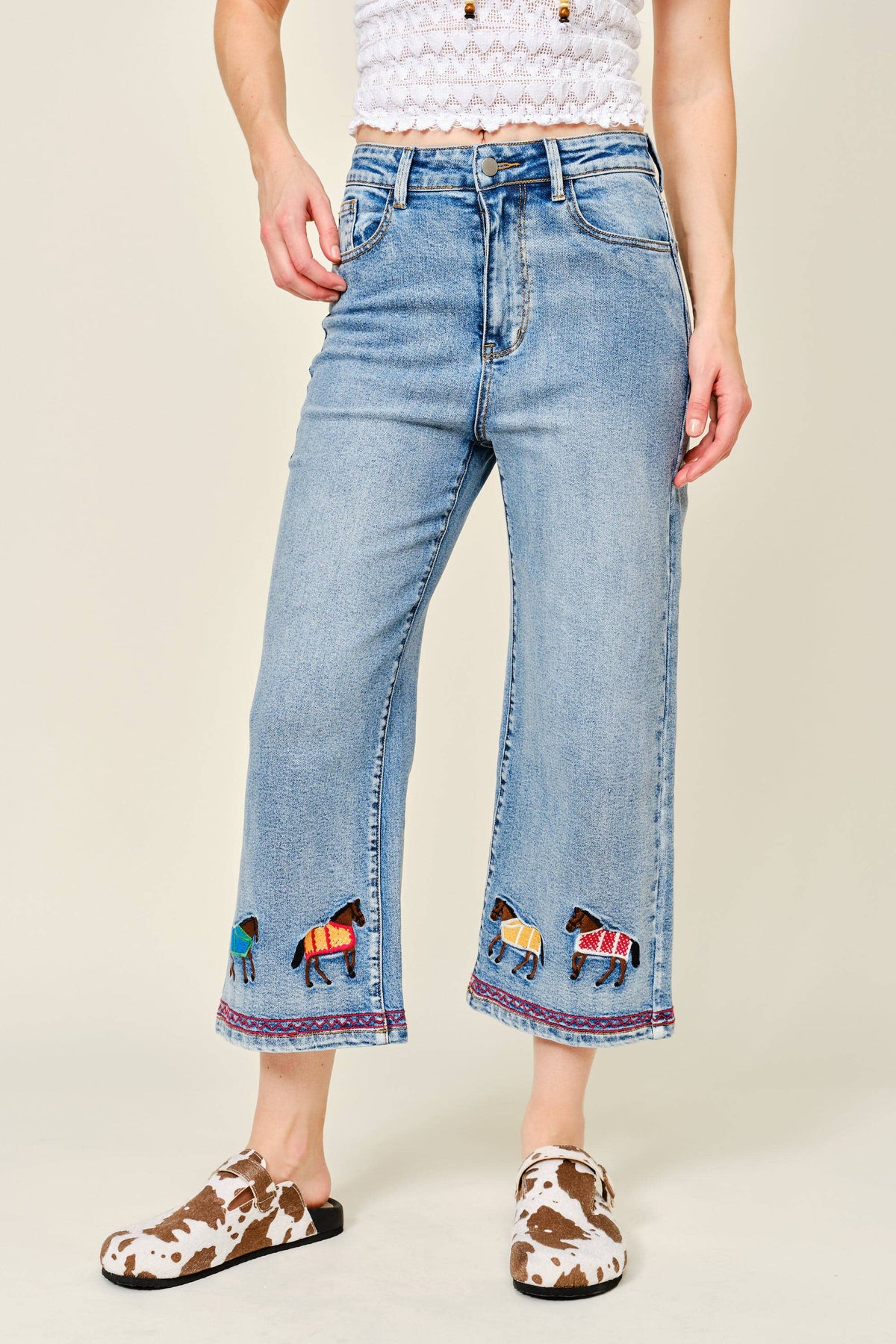 Jeans| Horse| embroidered Cropped Denim