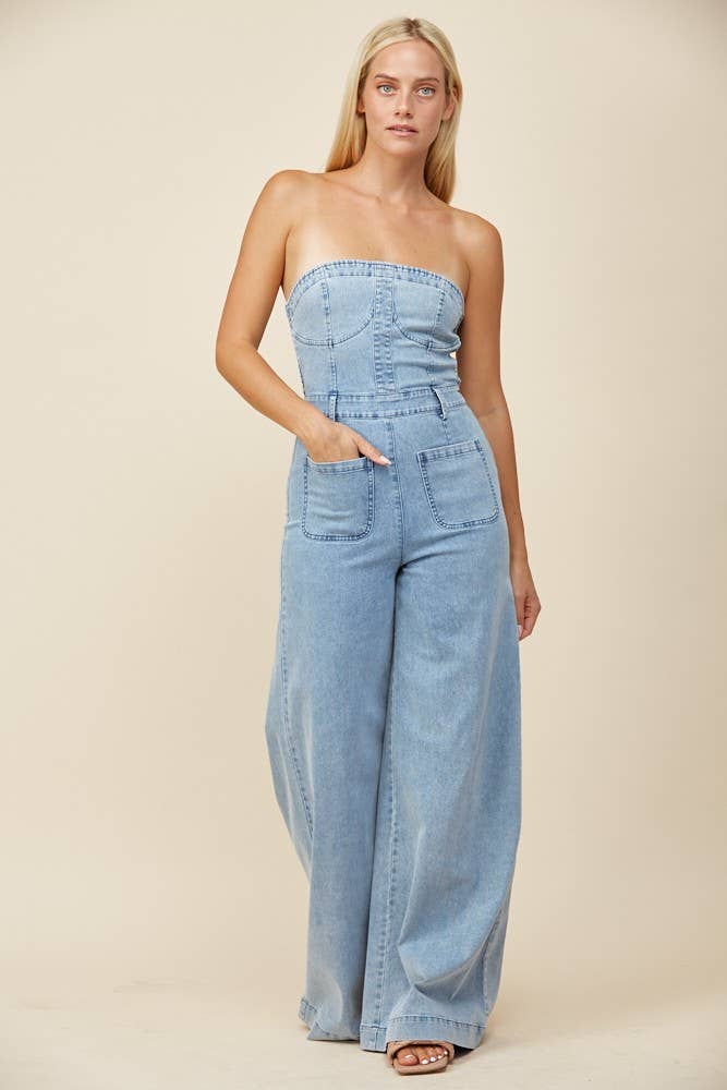 Ladies Strapless | Light Denim | Wide Leg Jumpsuit