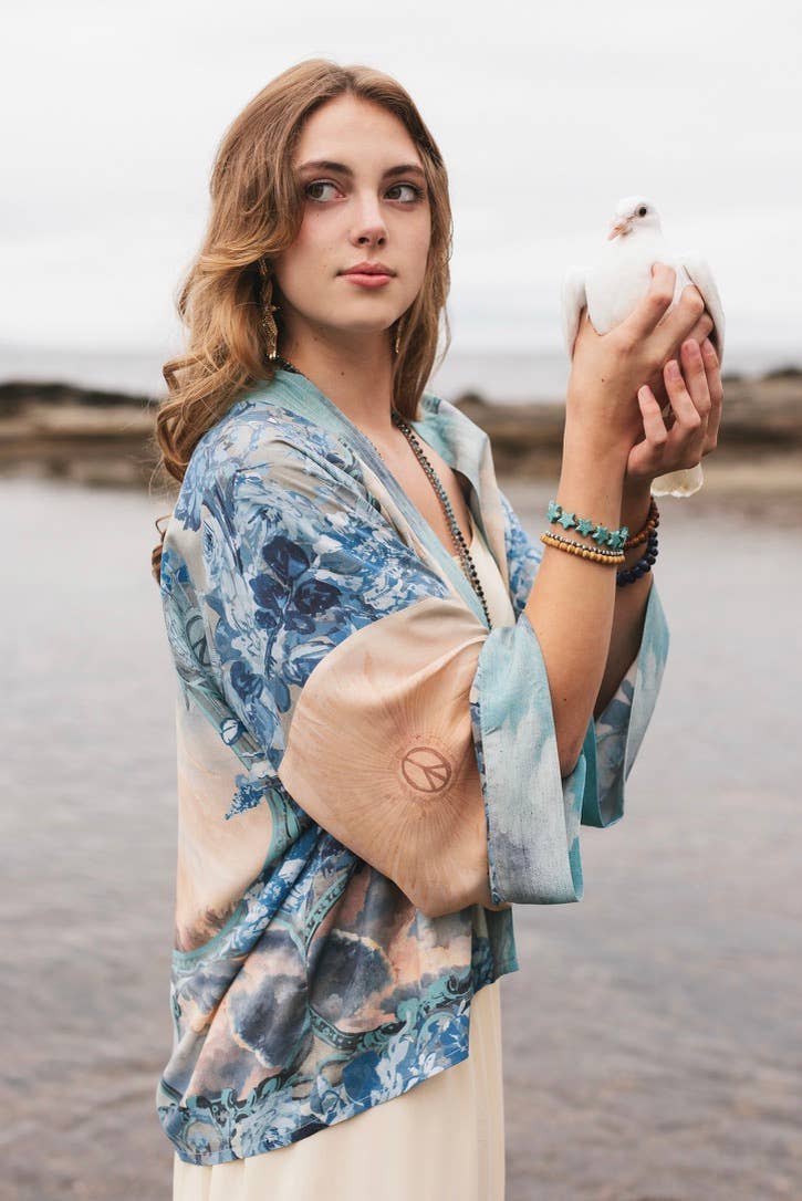 Kimono |Peace Out Cropped |Kimono Pixie Duster with Doves and Sunrise