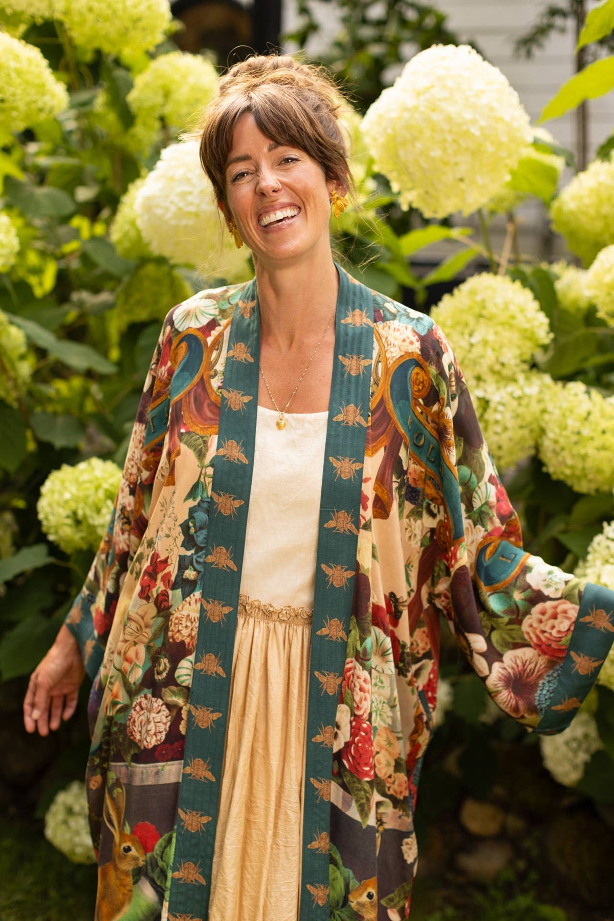 Kimono |Market of Stars| Stay Gold Opera Duster Kimono Robe w/ Rabbits Flowers & Bees