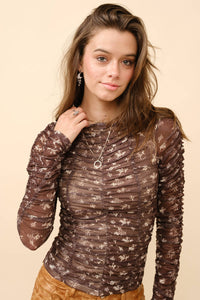 Ruched Western Print Mesh Top