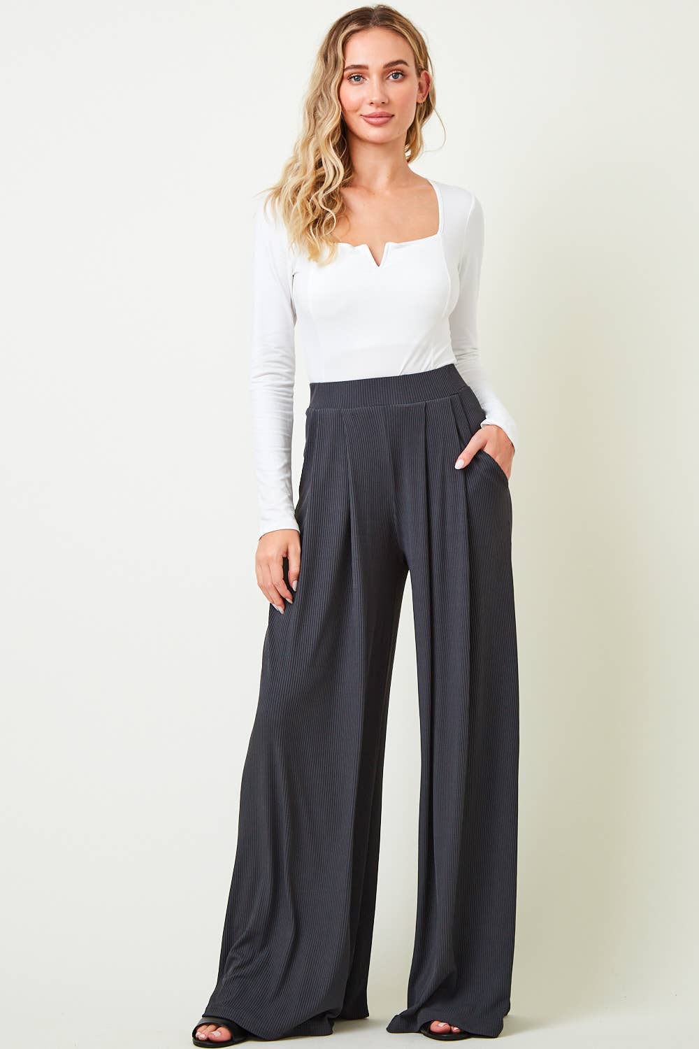 Pants| CHARCOAL |RIBBED KNIT |WIDE LEG PANTS W/ SIDE POCKETS
