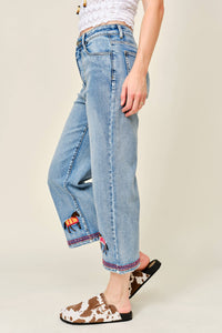 Jeans| Horse| embroidered Cropped Denim