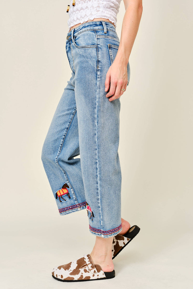 Jeans| Horse| embroidered Cropped Denim