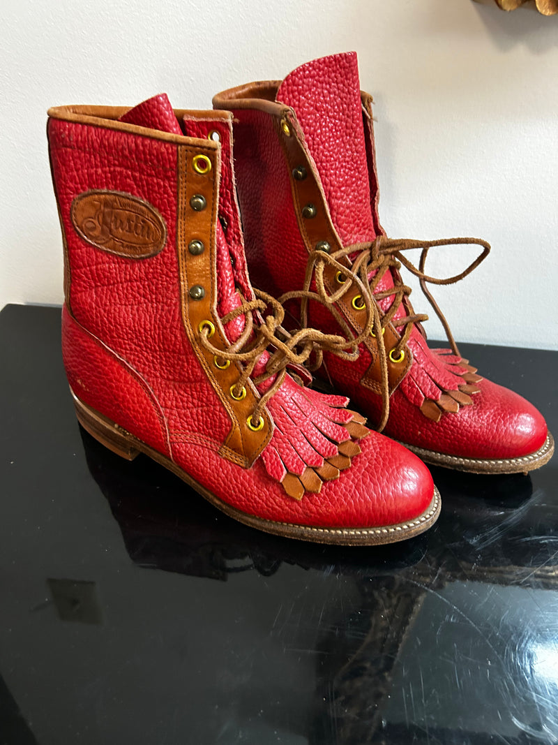 Vintage Justin USA Women’s Red Pebble Leather Lacer | Size 5.5