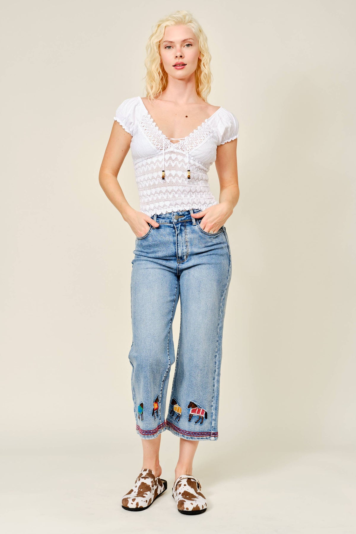 Jeans| Horse| embroidered Cropped Denim