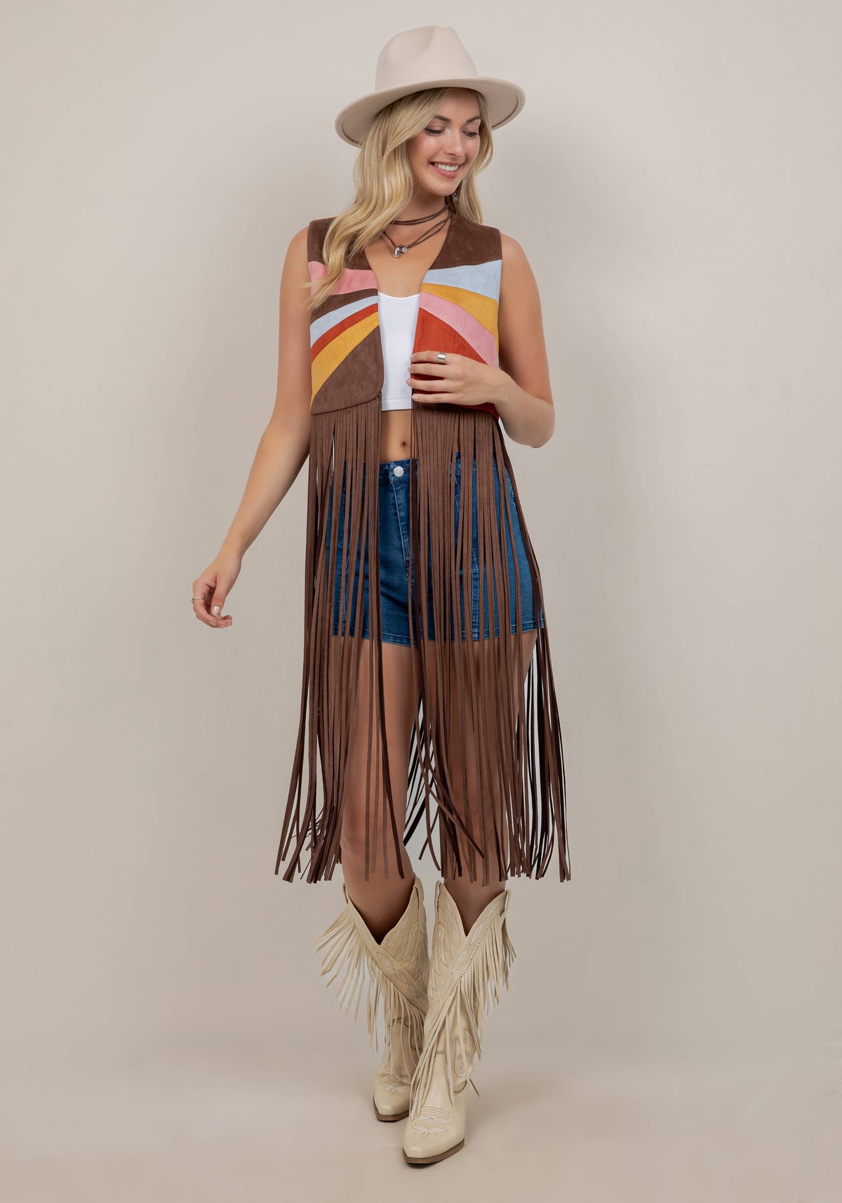 Vest| CHOCOLATE| MULTI COLOR |PATCH LONG FRINGE