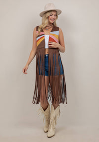 Vest| CHOCOLATE| MULTI COLOR |PATCH LONG FRINGE