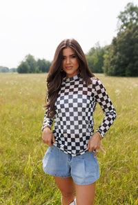 Black Checkerboard | Mesh | Mock Neck | Top