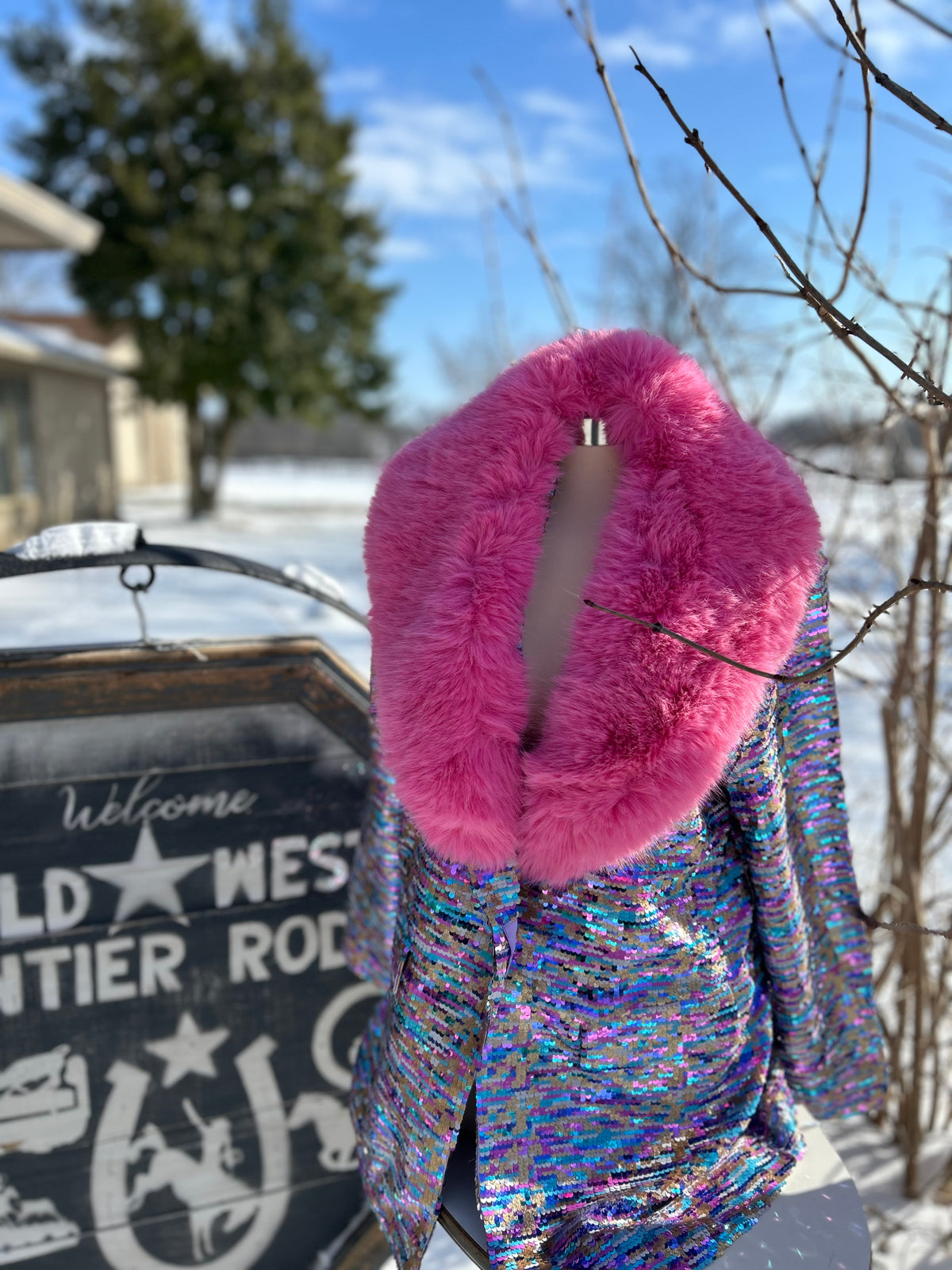 Ladies Blazer | sequins & Faux Fur| Bubble Gum pink