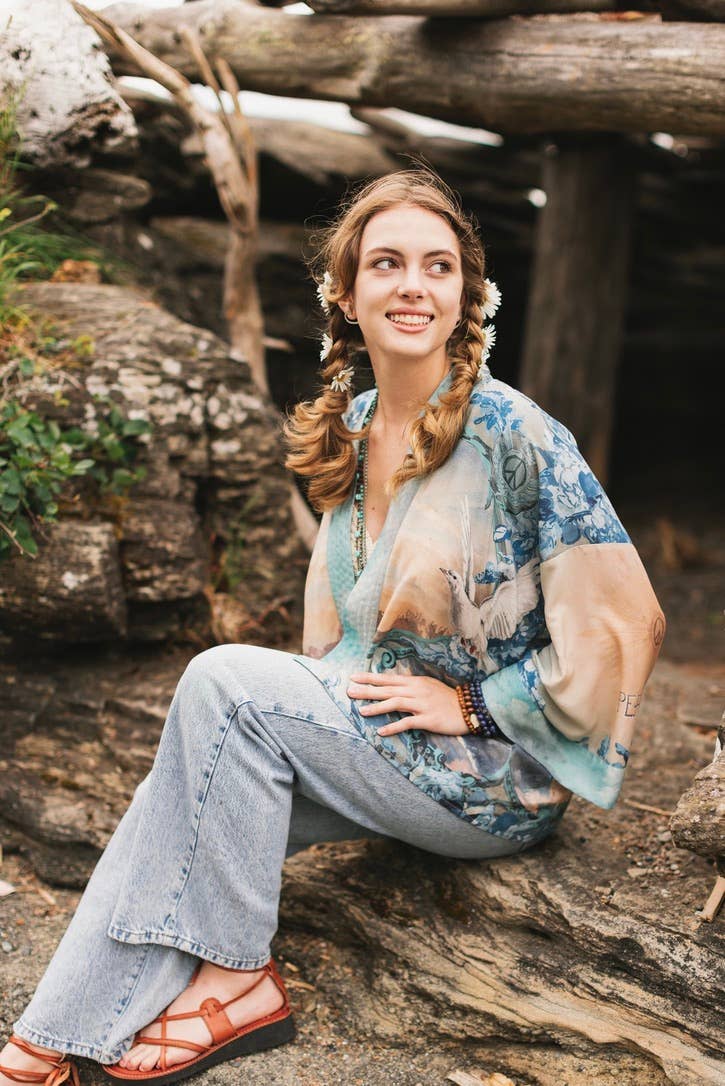 Kimono |Peace Out Cropped |Kimono Pixie Duster with Doves and Sunrise