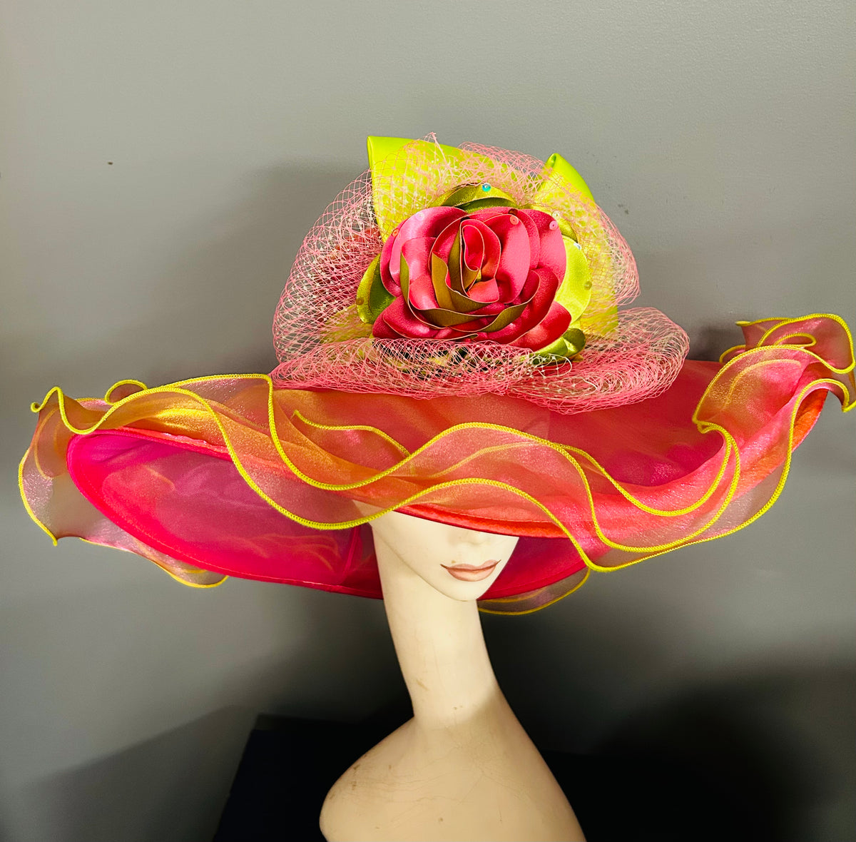 Hat | Chartreuse and hot pink