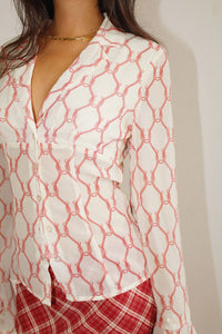 Blouse| Horseshoe Print |Sheer Button Down Blouse
