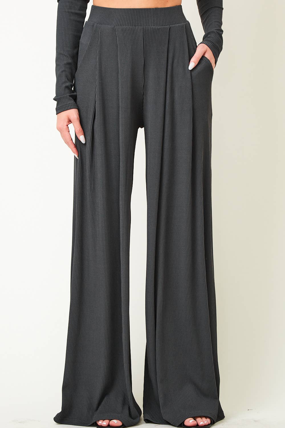 Pants| CHARCOAL |RIBBED KNIT |WIDE LEG PANTS W/ SIDE POCKETS