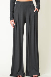 Pants| CHARCOAL |RIBBED KNIT |WIDE LEG PANTS W/ SIDE POCKETS