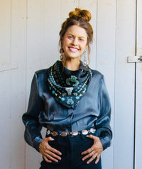 Silk Scarf | squash blossom| black, and turquoise