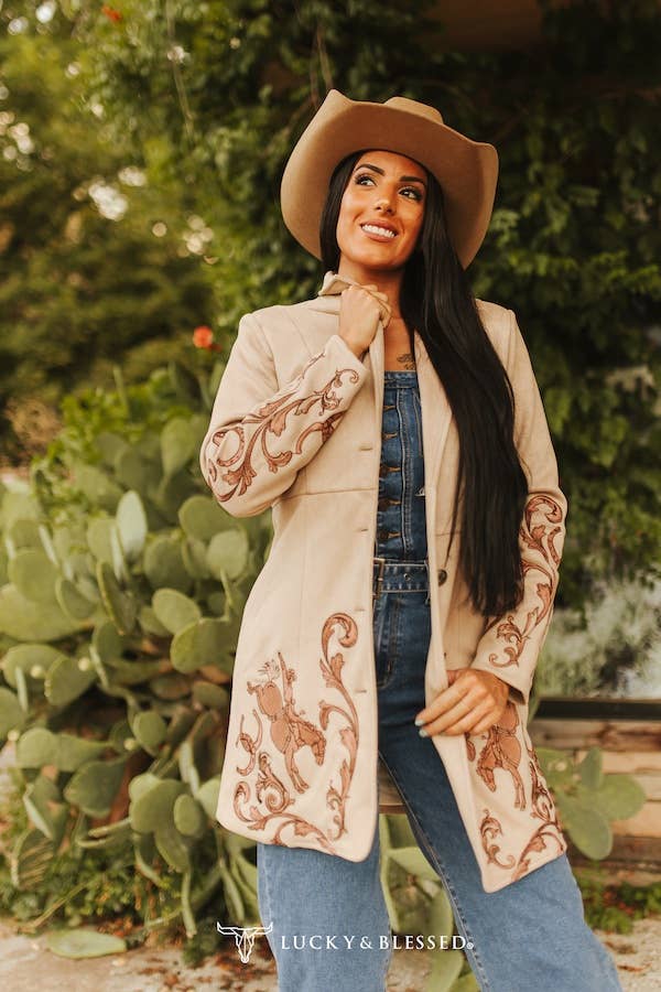 Khaki Western | Cowgirl Boot Stitch | Long Suede Blazer