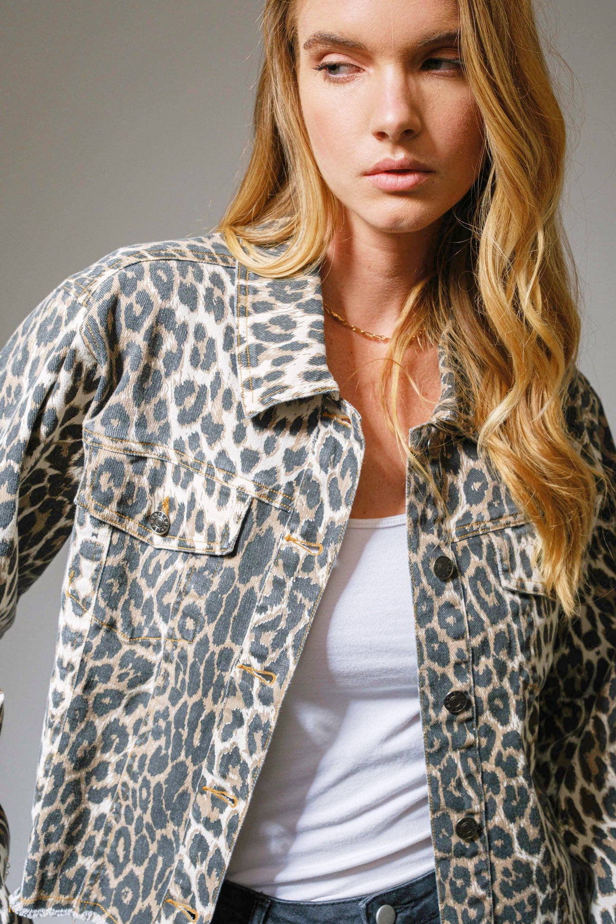 Leopard Button Up Denim Trucker Jacket