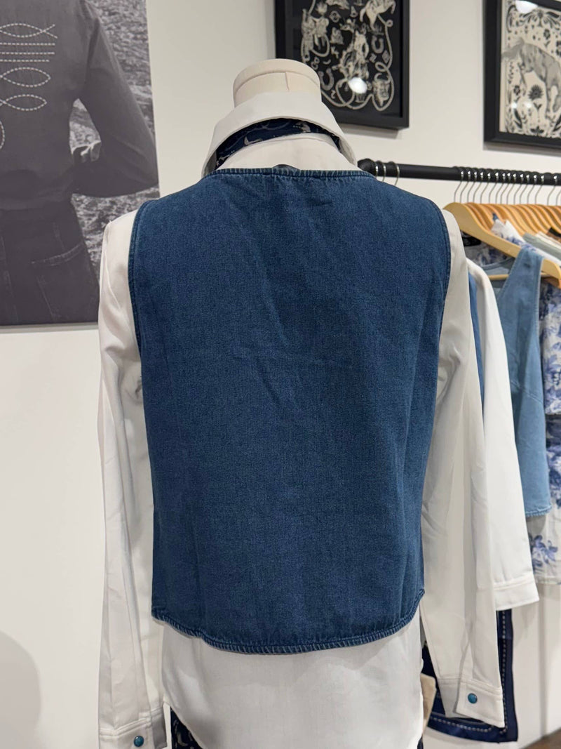 Denim tie vest with western stud trim
