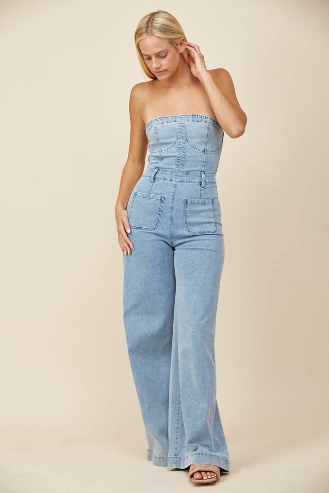 Ladies Strapless | Light Denim | Wide Leg Jumpsuit