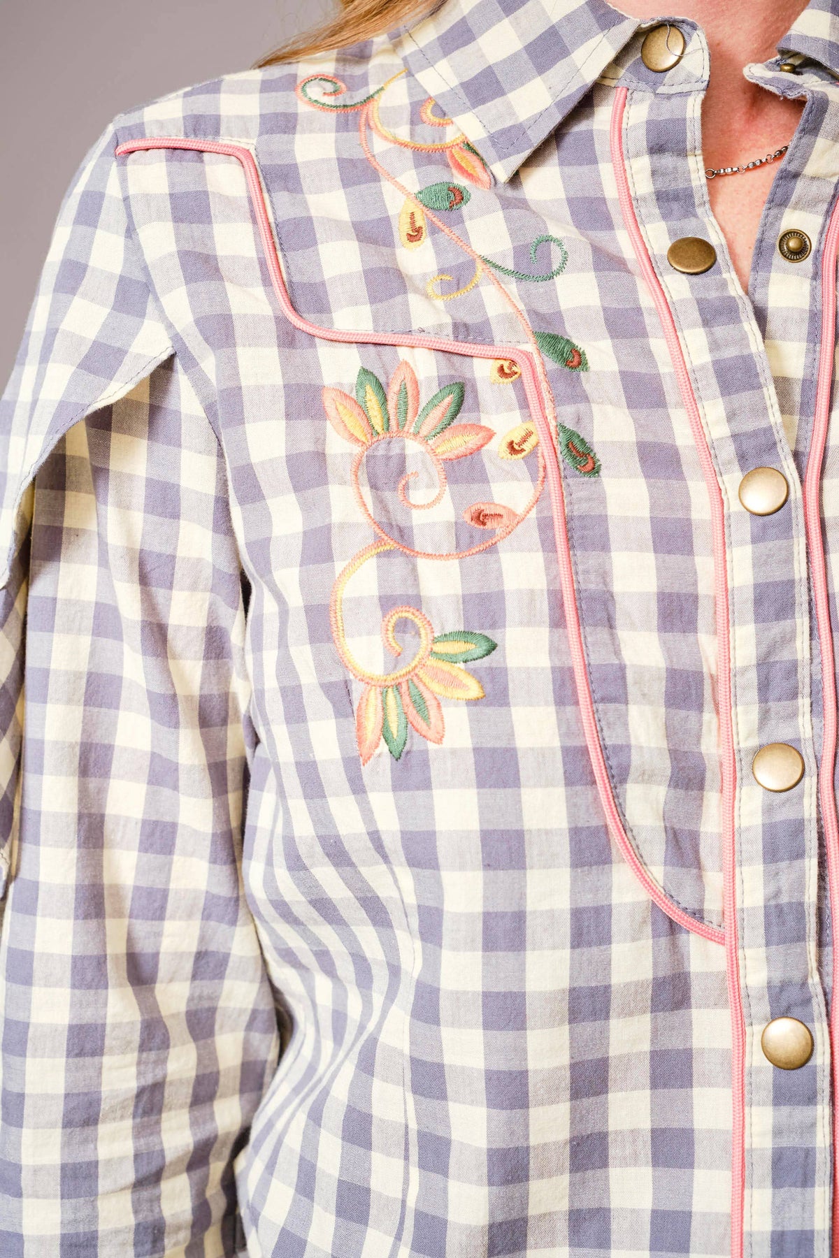 Ladies|Gingham |Embroidered |Western Snap |Blouse