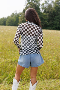 Black Checkerboard | Mesh | Mock Neck | Top