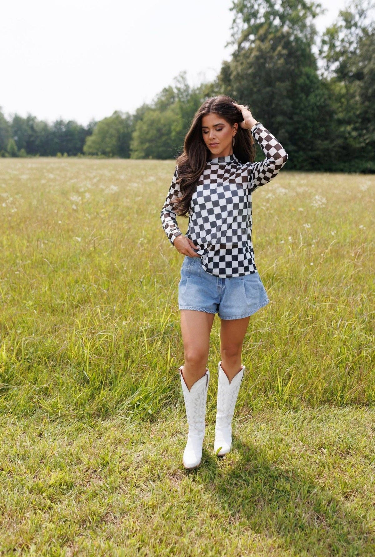 Black Checkerboard | Mesh | Mock Neck | Top