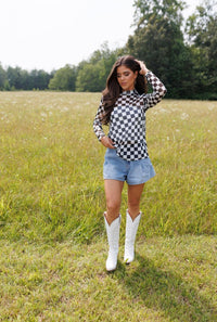 Black Checkerboard | Mesh | Mock Neck | Top