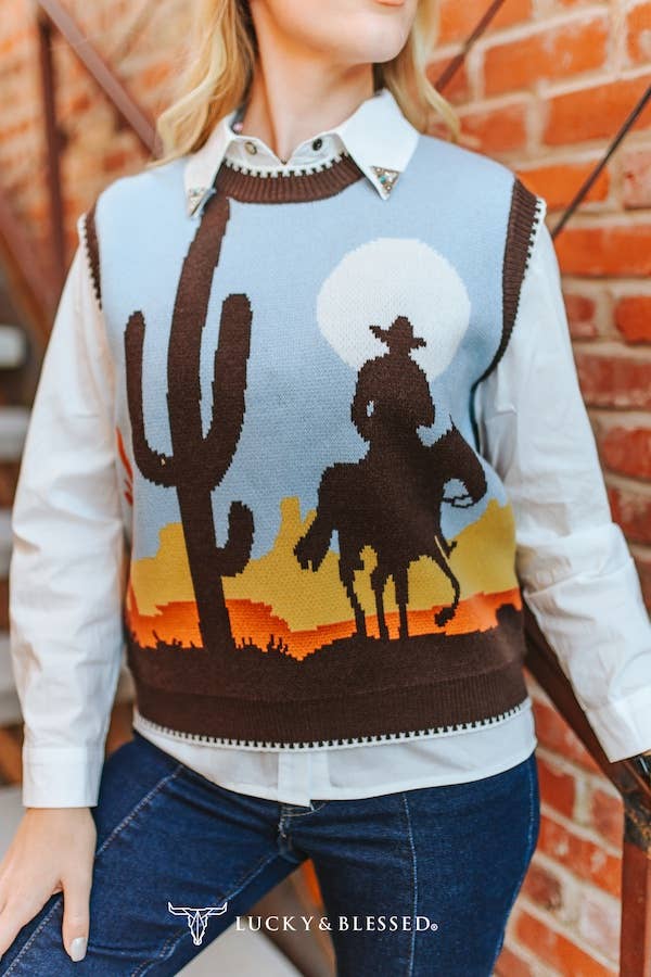 Western Cowboy Sunset Knit Sleeveless Sweater Vest