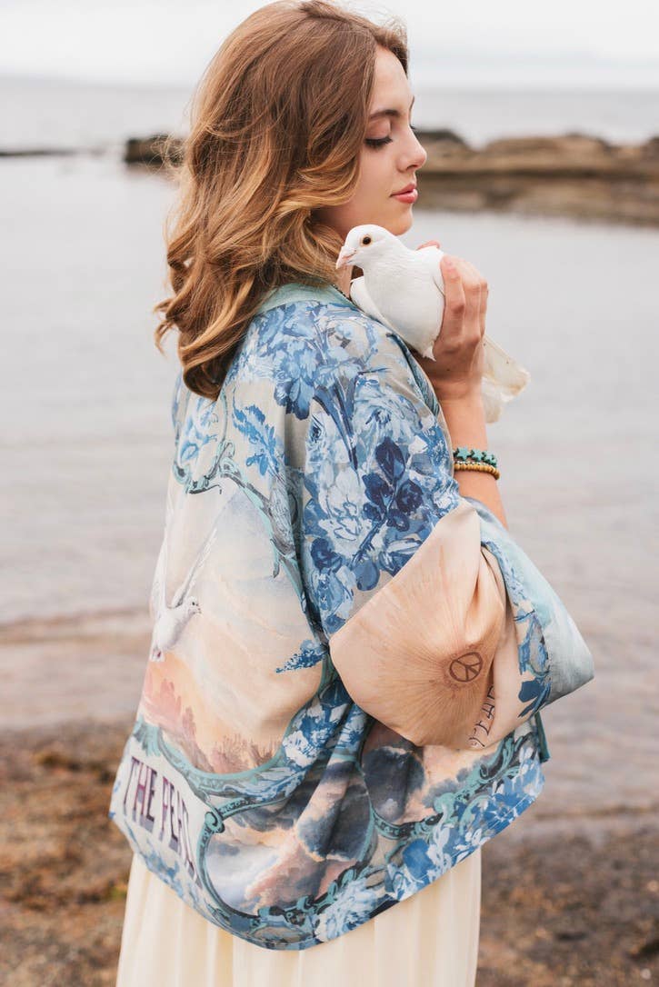 Kimono |Peace Out Cropped |Kimono Pixie Duster with Doves and Sunrise