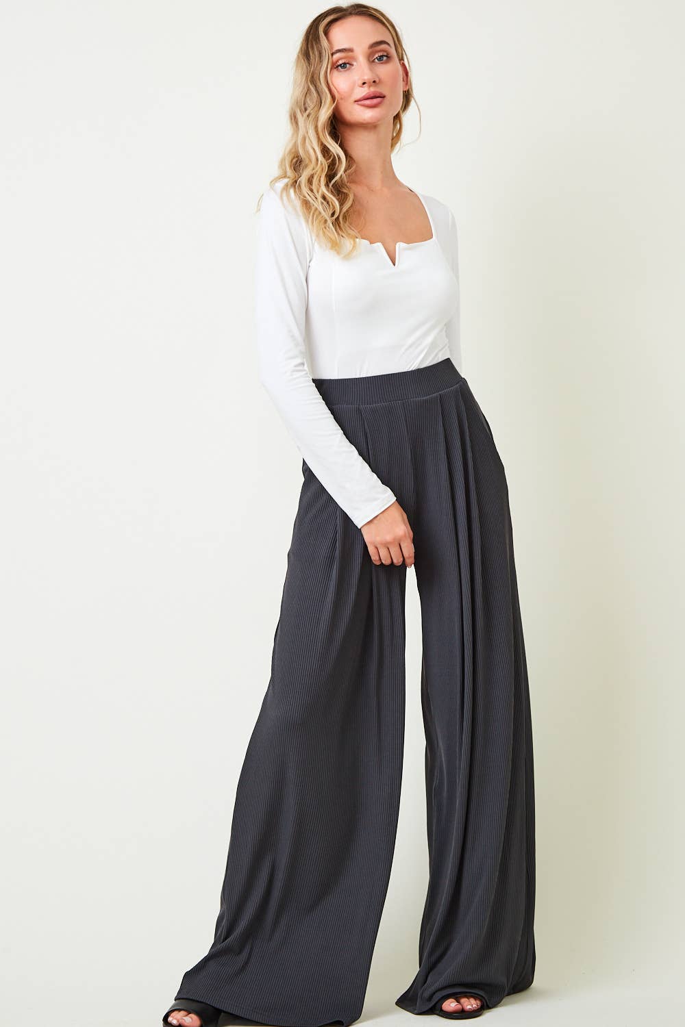 Pants| CHARCOAL |RIBBED KNIT |WIDE LEG PANTS W/ SIDE POCKETS