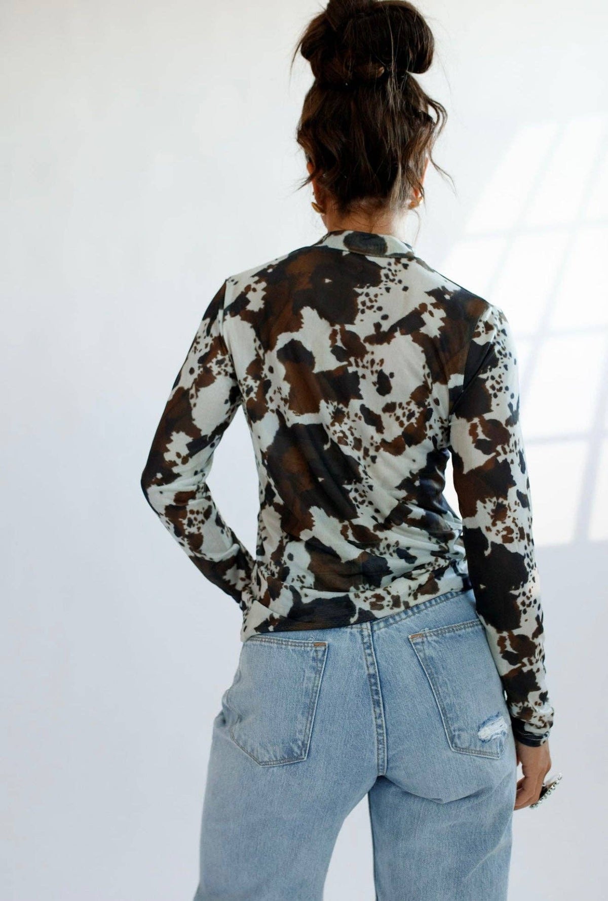 Mesh Top | Brown Cowhide |Sheer | Mock Neck |