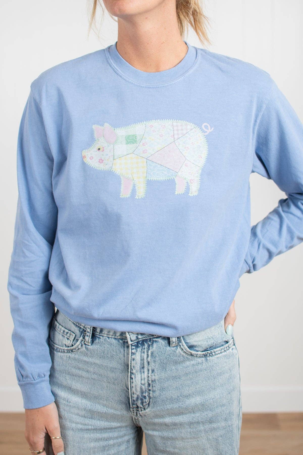 Spring Patchwork Pig Blue Graphic Long Sleeve