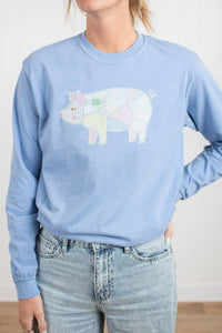 Spring Patchwork Pig Blue Graphic Long Sleeve