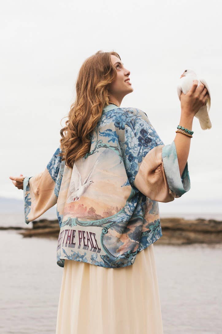 Kimono |Peace Out Cropped |Kimono Pixie Duster with Doves and Sunrise