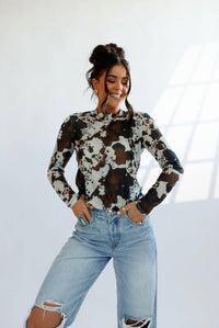 Mesh Top | Brown Cowhide |Sheer | Mock Neck |