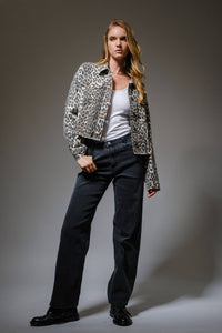 Leopard Button Up Denim Trucker Jacket