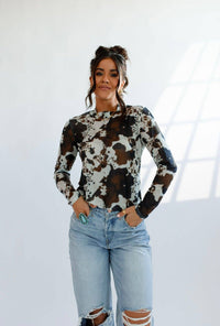 Mesh Top | Brown Cowhide |Sheer | Mock Neck |