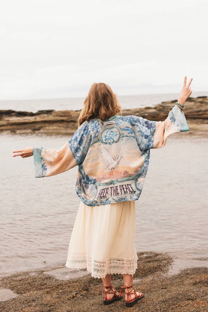 Kimono |Peace Out Cropped |Kimono Pixie Duster with Doves and Sunrise