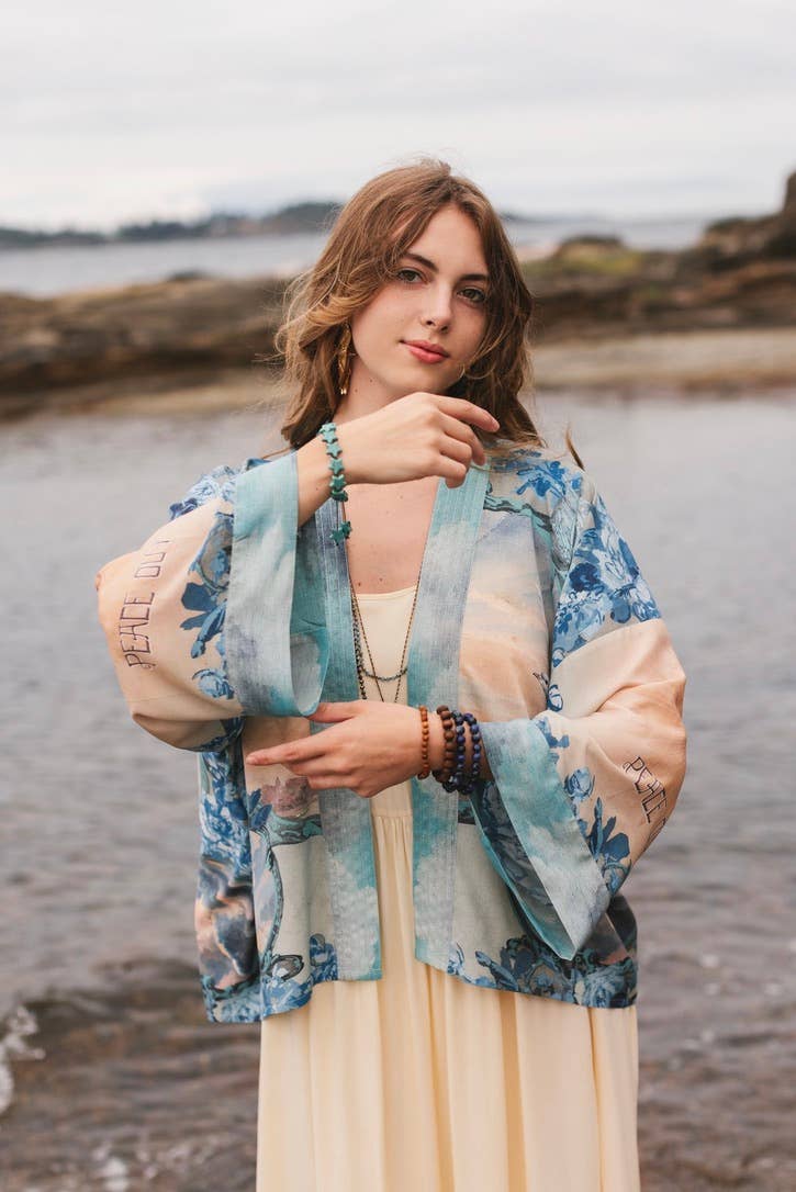 Kimono |Peace Out Cropped |Kimono Pixie Duster with Doves and Sunrise