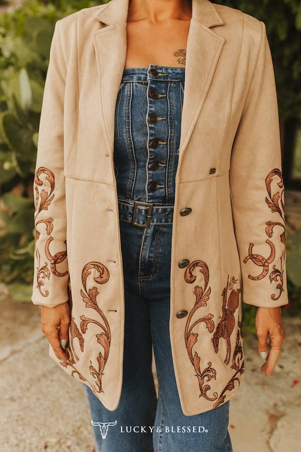 Khaki Western | Cowgirl Boot Stitch | Long Suede Blazer