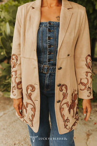 Khaki Western | Cowgirl Boot Stitch | Long Suede Blazer