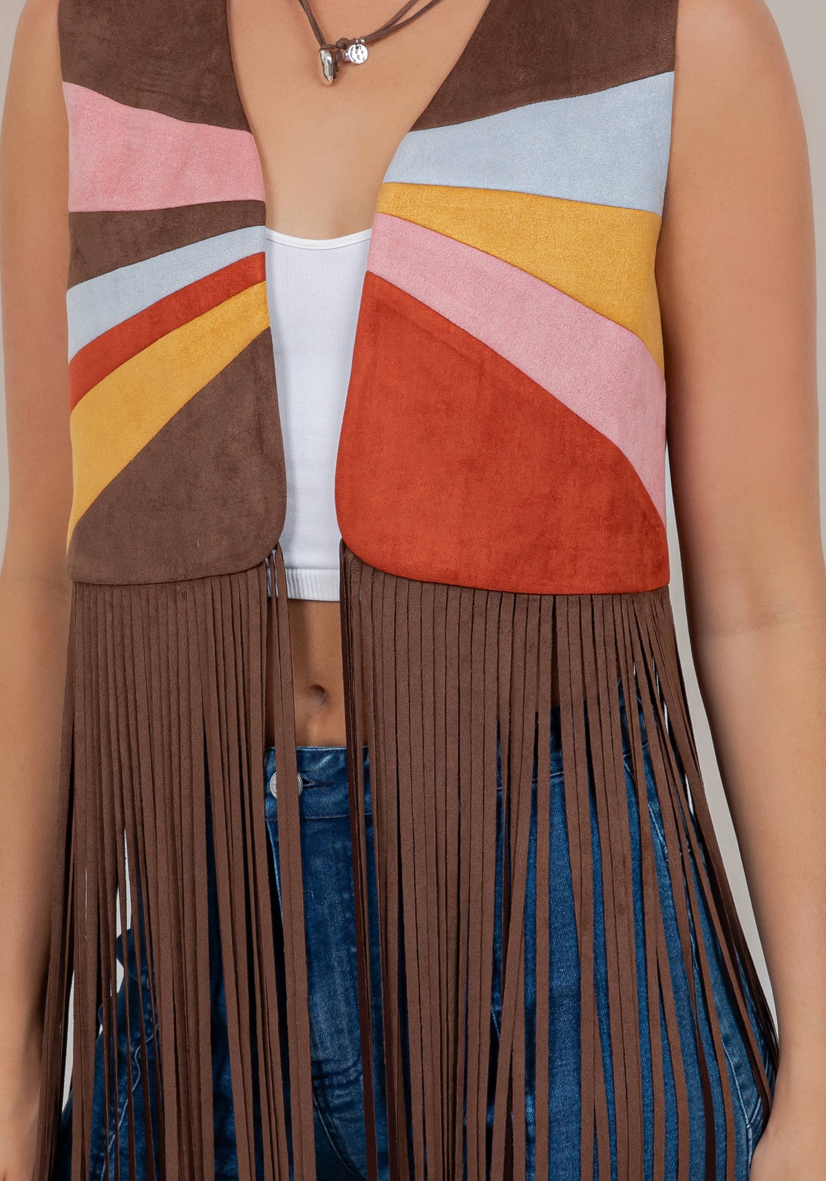 Vest| CHOCOLATE| MULTI COLOR |PATCH LONG FRINGE