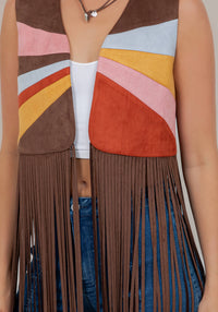 Vest| CHOCOLATE| MULTI COLOR |PATCH LONG FRINGE