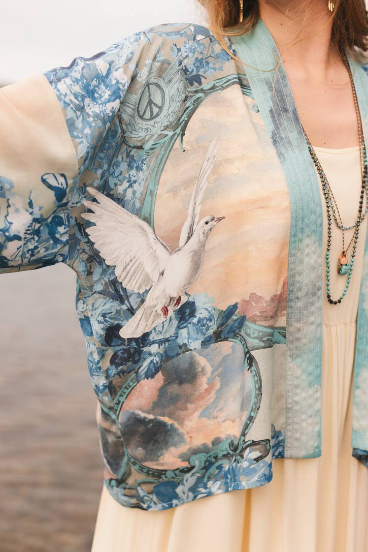 Kimono |Peace Out Cropped |Kimono Pixie Duster with Doves and Sunrise