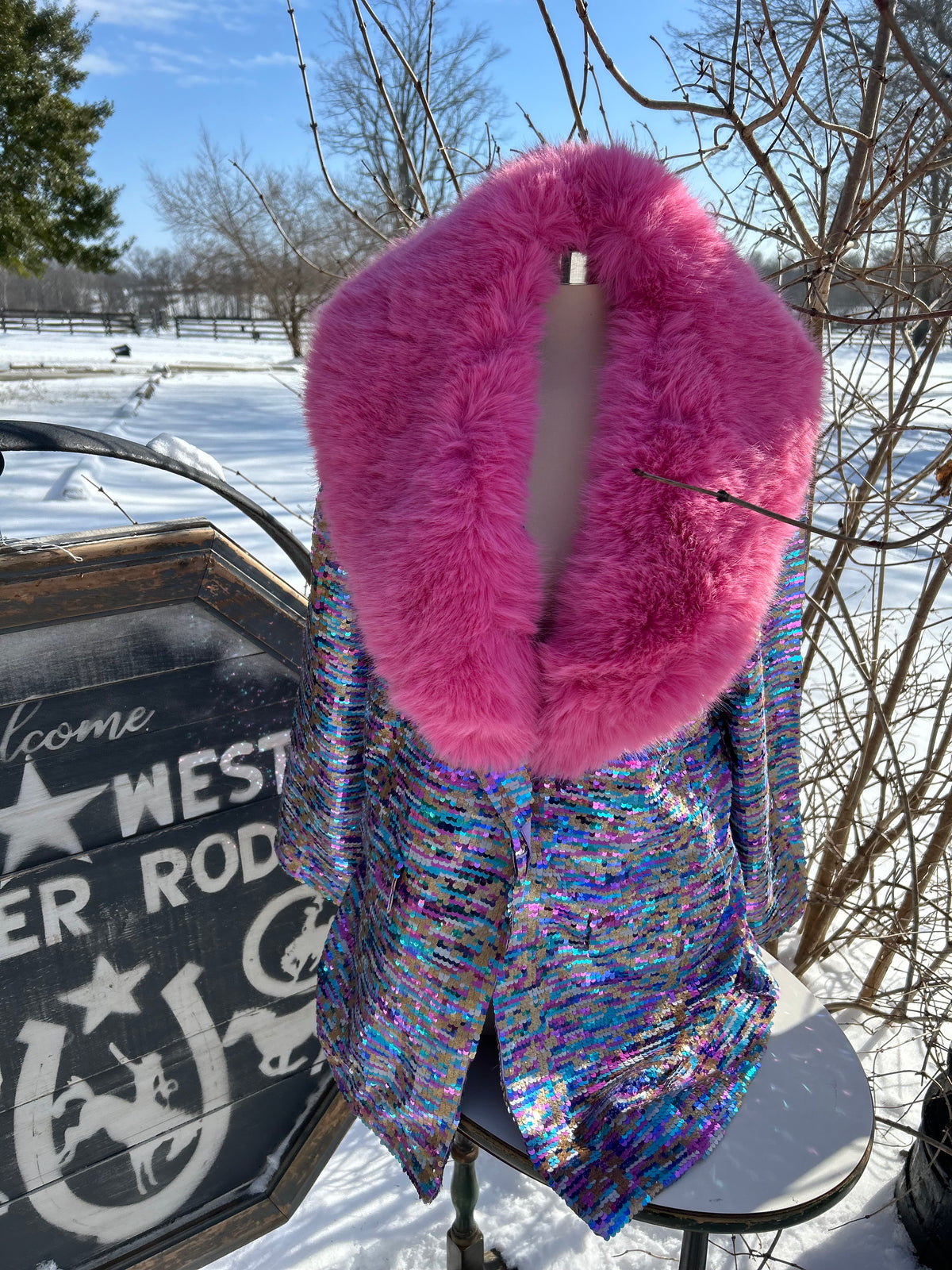 Ladies Blazer | sequins & Faux Fur| Bubble Gum pink