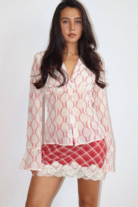 Blouse| Horseshoe Print |Sheer Button Down Blouse
