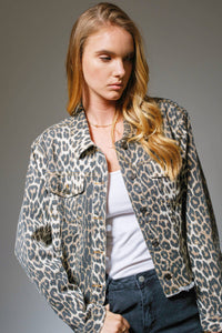 Leopard Button Up Denim Trucker Jacket