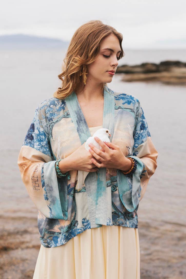 Kimono |Peace Out Cropped |Kimono Pixie Duster with Doves and Sunrise